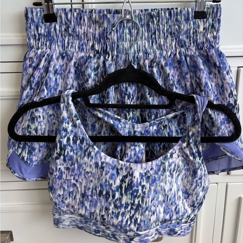 Athleta Purple and Blue Activewear running shorts and sports bra